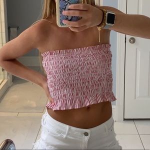 Red/pink & white striped strapless reversible top